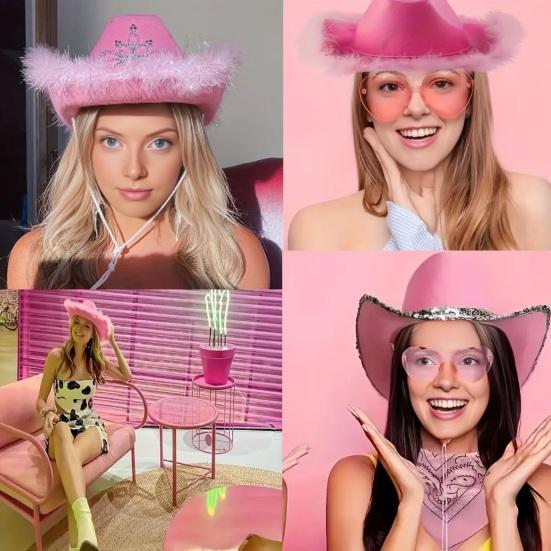 Hat Scarf Glasses Set Pink Series Felt Cowboy Hat with Feather Trim Pink Bandana Heart-Shaped Sunglasses Versatile Western Style Accessories