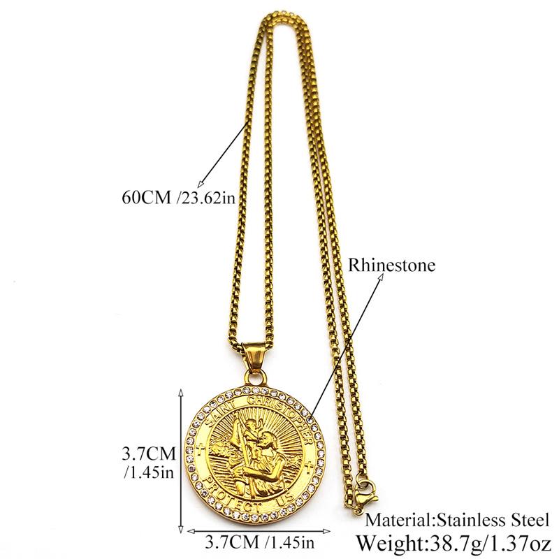 ST.Christopher Protect Us Medal Rhinestones Necklace Saint Christopher Stainless Steel Gold Color Christian Necklaces Jewelry