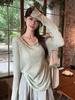 Slack v-neck micro-transparent sunscreen T-shirt women's spring summer Korean casual style fungus edge blouse thin long-sleeved top