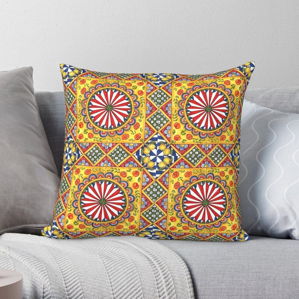 Sicilian Italy Arabesque Square Pillowcase Polyester Linen Velvet Pattern Zip Decorative Sofa Cushion Cover