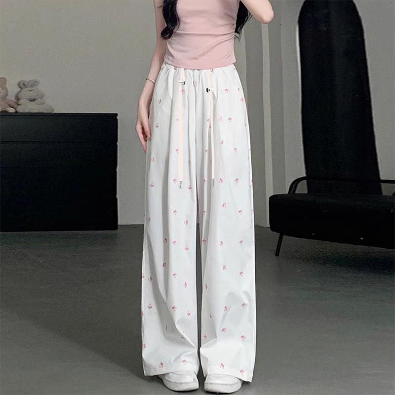

Floral Print High Waist Maternity Pants - Summer Wide Leg Design for Petites with White Bowknot M білий