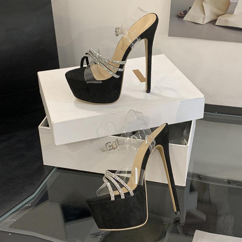 Summer Fashion Rhinestone Platform High Heels Transparent Sandals For Women Open Toe PVC Ankle Strap Wedding Banquet Shoes