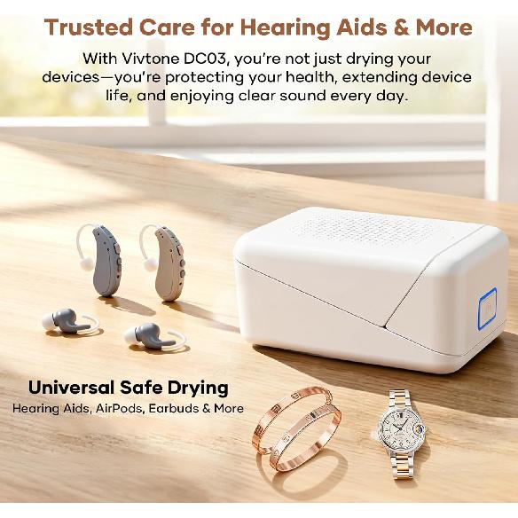 Hearing Aid Dryer – 40 ℃   Constant Heat Dehumidifier with UV LED, 8 Hour Auto Dry Modes – Portable Dry Box for Hearing Aids