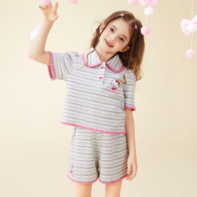 Hello Kitty Girls  Summer Outfit 2025 Children s Summer Casual Striped Stylish Two-Piece Set for Girls Grey 110 yards