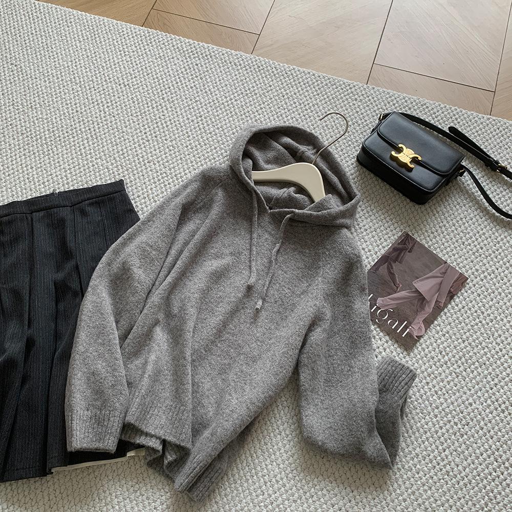 Женский осенний теплый свитер с капюшоном из клейкого рисового бархата M светло-серый