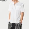 INCERUN Vintage Mens Summer Short Sleeve Lace Up Neck Solid Color Casual T-shirts Tops
