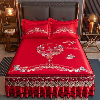 Luxury Red Wedding Lace Bed Skirt Ice Soft Mat Chinese Style Bedspread for Double Size Bed Three-piece Set Machine Washable
