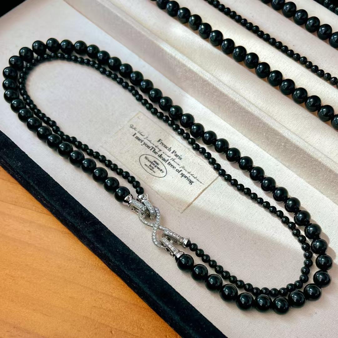 Retro Natural High-Quality Black Agate Double-Layer Removable Necklace Collarbone Chain Sweater Chain