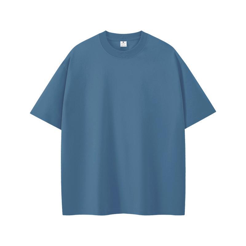 Men's Oversized Round Neck Logo T-Shirt - Solid Color, Drop Shoulder, Pure Cotton, European Size 200g