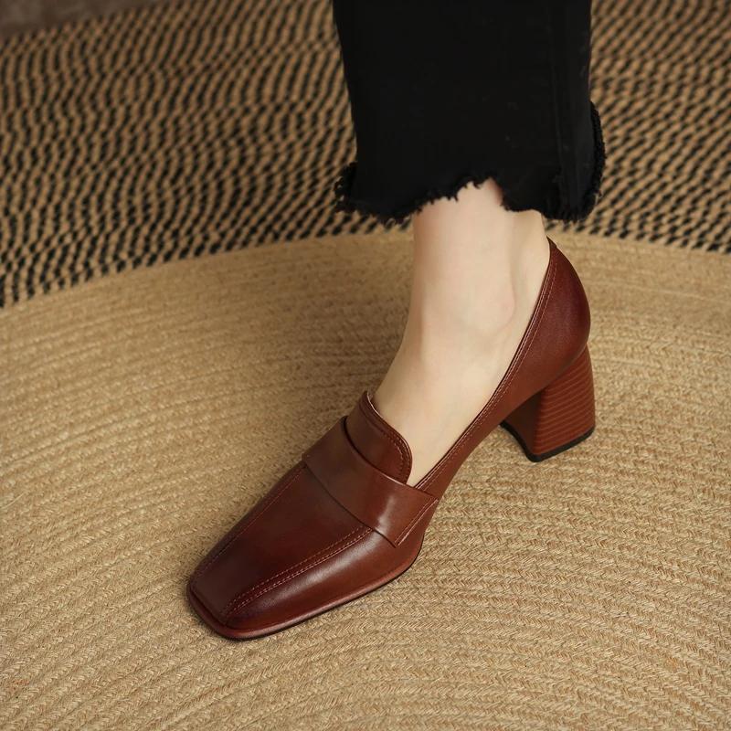 Fashion 2025 Spring New GENUINE LEATHER Women Shoes LEISURE Women Slip-On Shallow Pumps Square Toe Heels Shoes Women Zapatos De Mujer