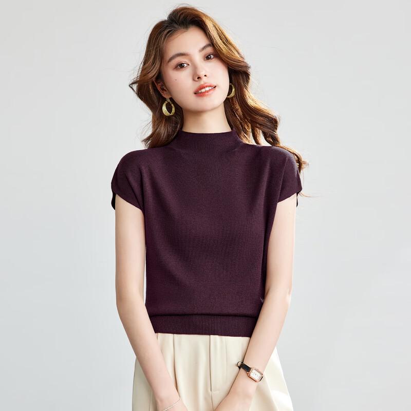 

Women s Thin Knit Short Sleeve Stand Collar Top One Size