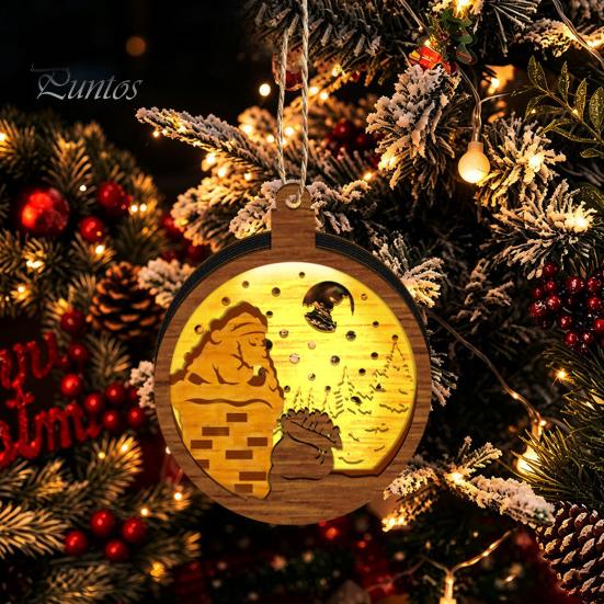 Warm Light Christmas Tree Ornaments 3D Wooden Up Ornament, Layered House Snowman Rustic Holiday Decorations Nativity Scene Hanging Decoration for Xmas