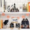 New 6Pcs Halloween Tiered Tray Decor Set Cute Wooden Black Orange Tray Wooden Sign Ghost Wooden Halloween Theme Party Home Decor