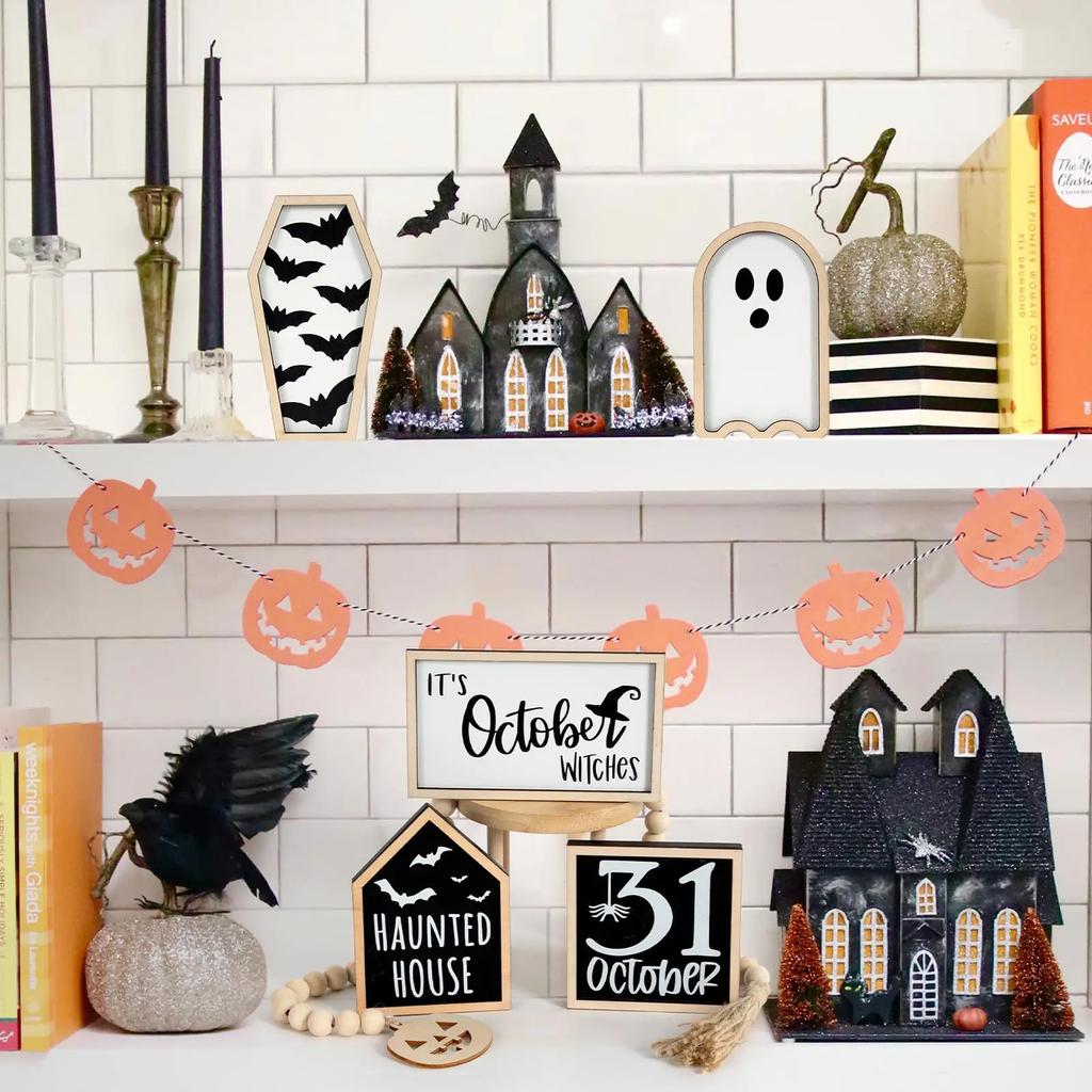 New 6Pcs Halloween Tiered Tray Decor Set Cute Wooden Black Orange Tray Wooden Sign Ghost Wooden Halloween Theme Party Home Decor