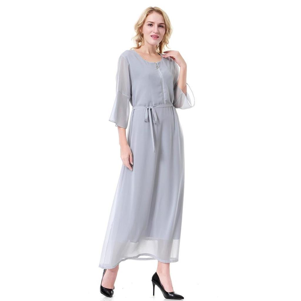 Women's Chiffon Round Neck Short Sleeve Ankle-Length Maxi Dress (Model: TH915)