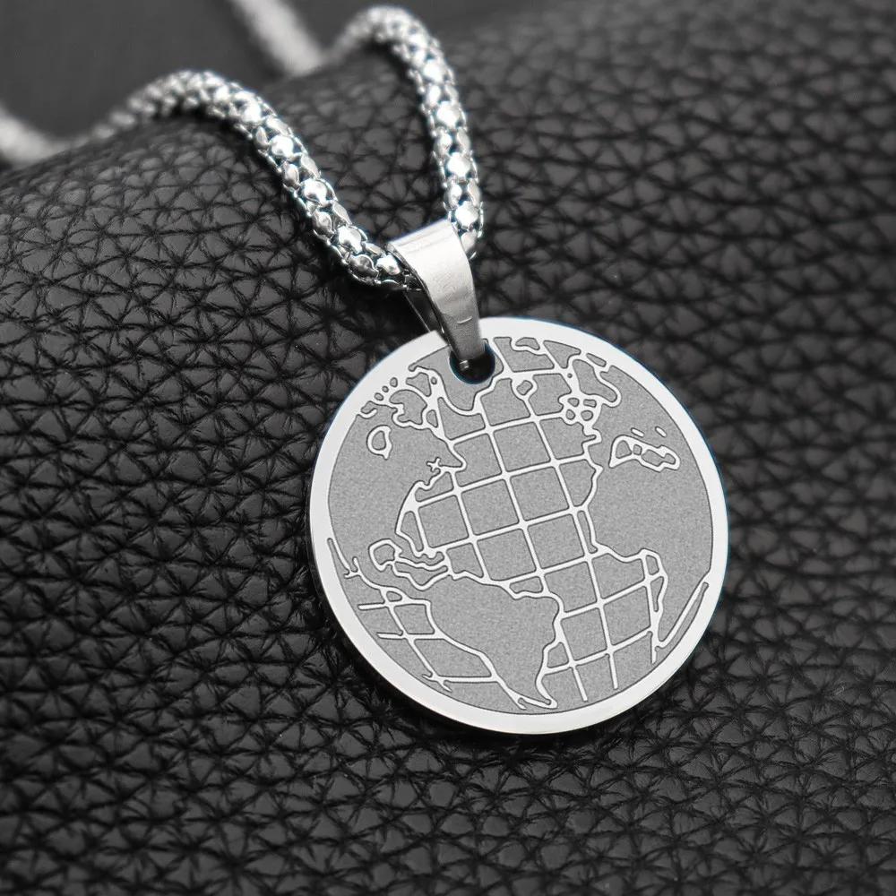 Round Stainless Steel World Map Pendant Charm Men's Necklace Fashion Hip Hop Punk Jewelry Accessories Party Gift