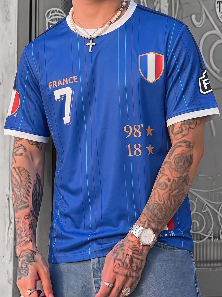Frankreich Nationalmannschaft #7 Trikot Retro Blau Fußball T-Shirt, Gestreiftes Vintage Fußball Fan Top, 98 18 Sterne Edition, Y2K Streetwear