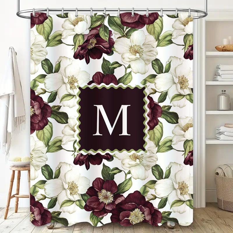 Floral Monogram Shower Curtain Luxury Home Decor Bathroom Accessories Set for Girls Women Custom Design with Initials M W E K B