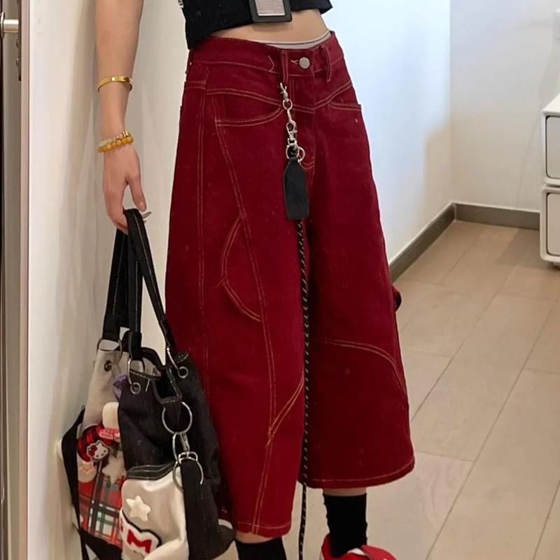 Red Multi Pocket Women's Cropped Pants American Retro Loose Female's Cargo Pants High Waisted Versatile Summer Clothing
