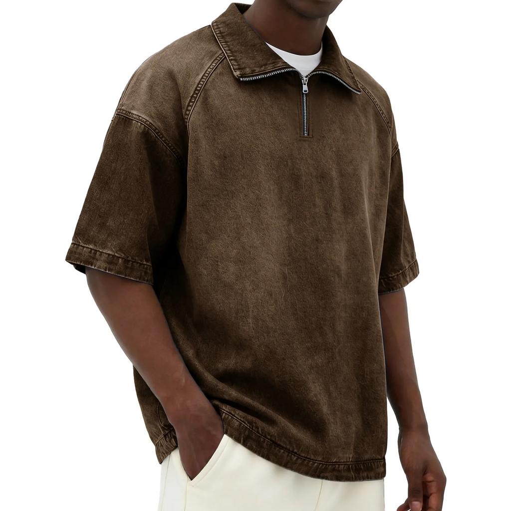 Men's Casual American- Denim-like Fabric Short-sleeved Shirt - Men's Retro Trendy Fitted Collar Zipper Jacket