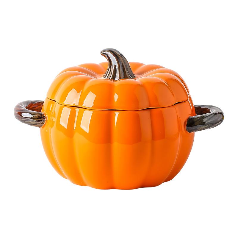 Cute Pumpkin Binaural Bowl With Lid Creative Ceramic Stew Cup Household Children'S Rice Bowl High Value Breakfast Pudding Small Bowl