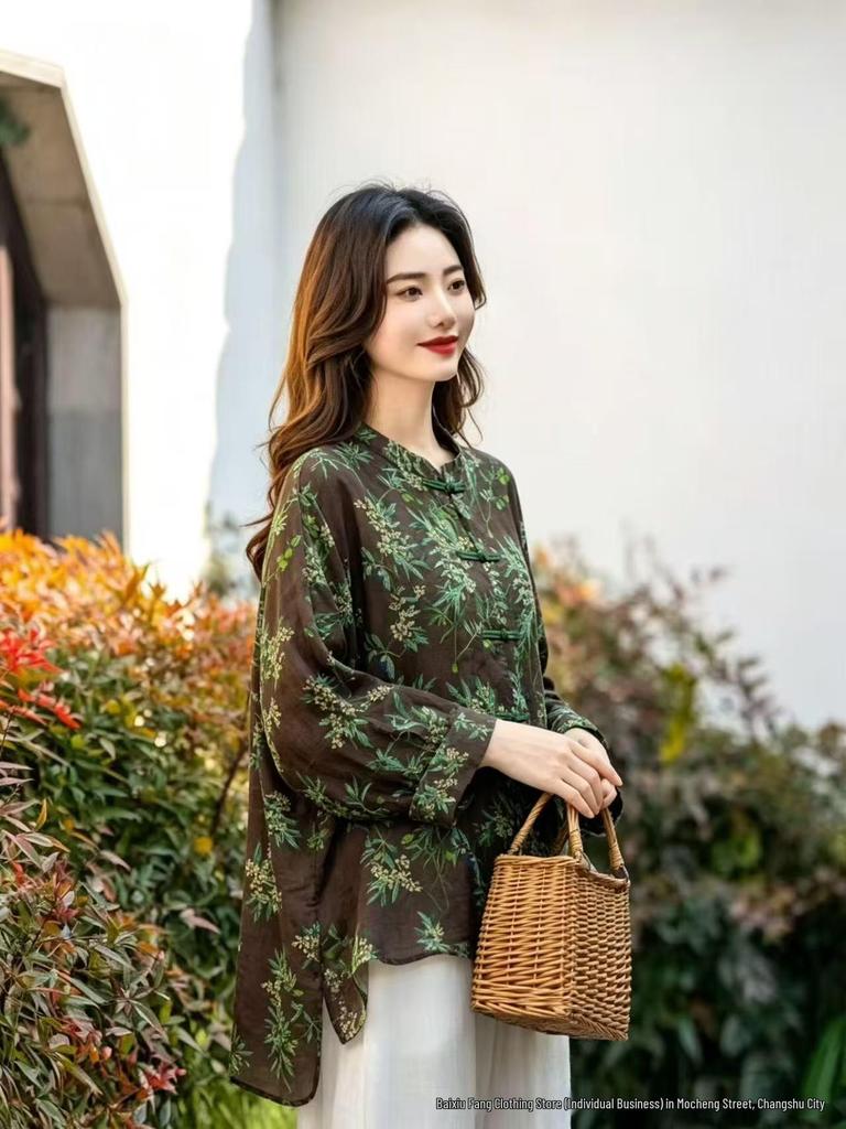 2026 Spring/Summer Women's Chinese-Style Elegant Print Stand-Up Collar Long-Sleeve Ramie Shirt