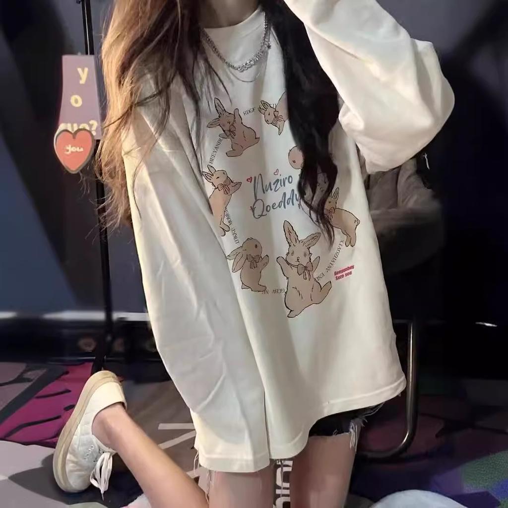 Women's Round Neck Long Sleeve Oversized Tunic Top Sweet Cartoon Rabbit Print Casual Blouse