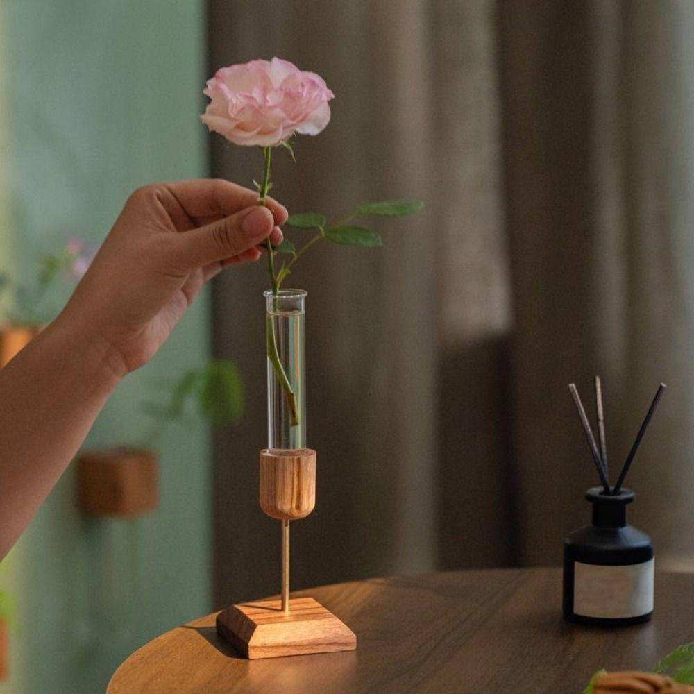 Kreative Hydrokultur-Pflanzenvase Holzsockel Minimalistische Glas-Blumenvase Einfacher Eleganter Blumenarrangement-Behälter Trockenblume