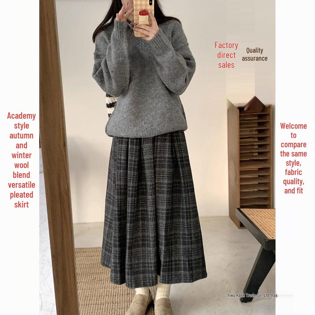 Academy Retro Plaid Wool Midi Skirt: Autumn/Winter, High-Waisted, Elastic, Big Swing, Slimming Pleated Design