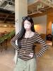 Women's Slim Fit Coffee Striped Cotton-Cashmere Long-Sleeve T-Shirt for Autumn/Winter