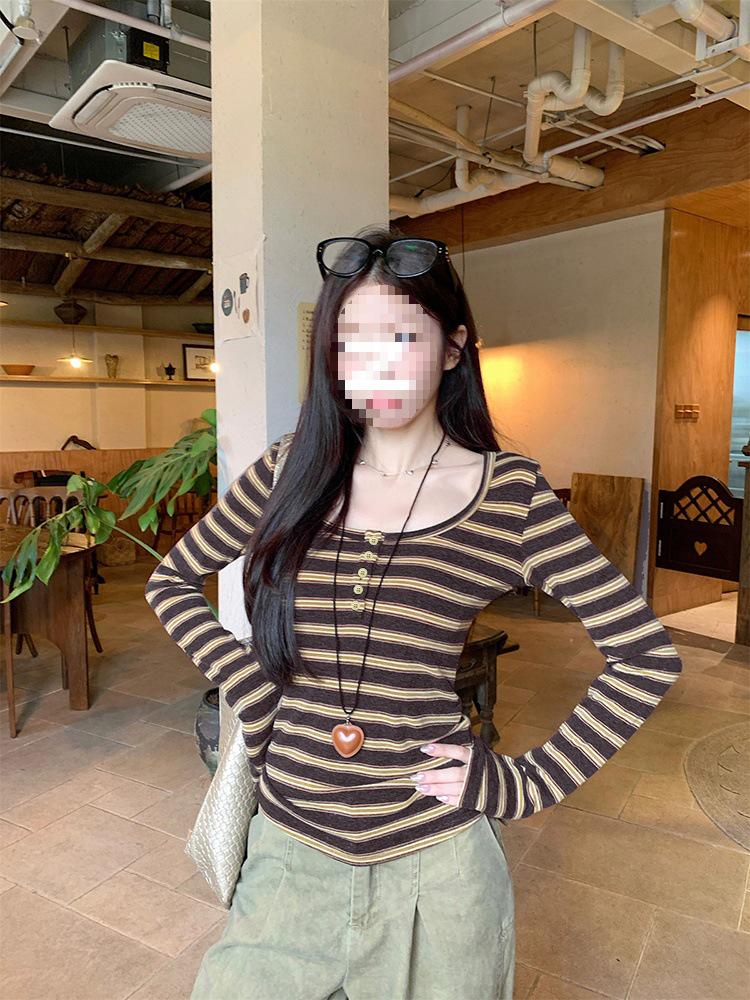 Women's Slim Fit Coffee Striped Cotton-Cashmere Long-Sleeve T-Shirt for Autumn/Winter