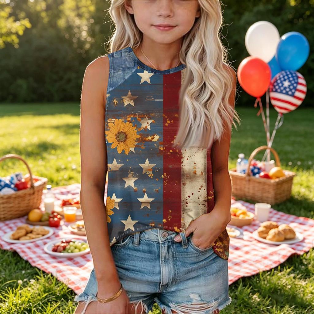 Sleeveless Loose Fit Tank Top for Women Floral Print Round Neck Casual Summer Blouse Denim Patchwork Detail Comfortable Fit