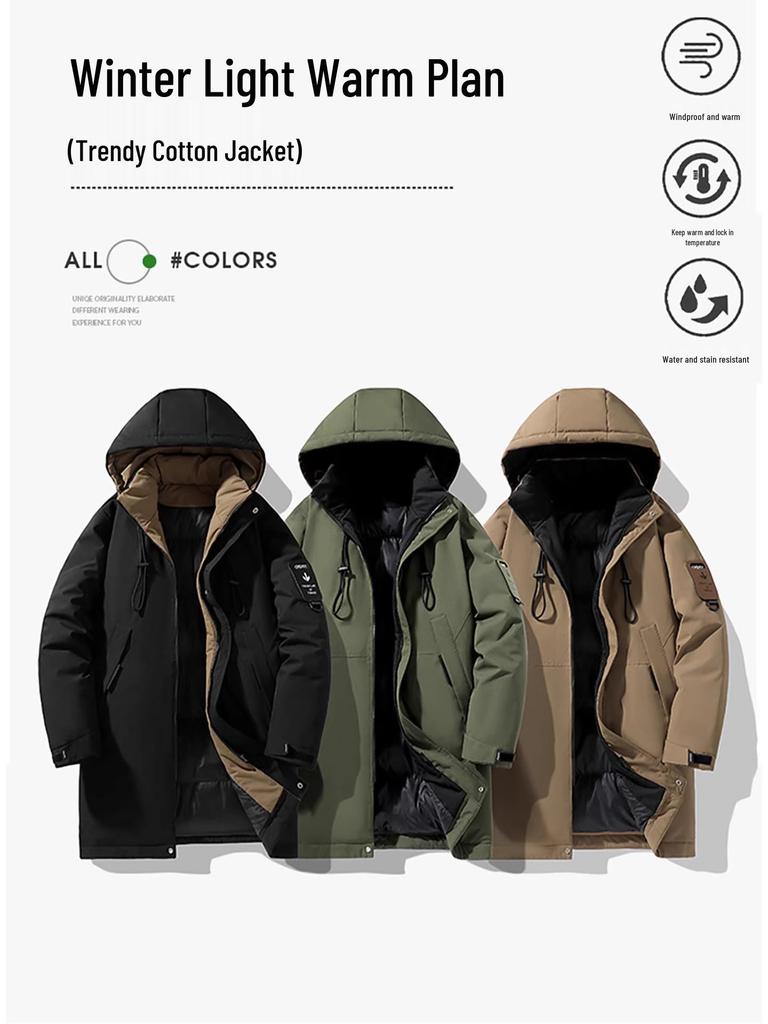 Men's Winter 2025 Hooded Mid-Length Cotton Jacket - Thick, Warm, Trendy Outdoor Coat