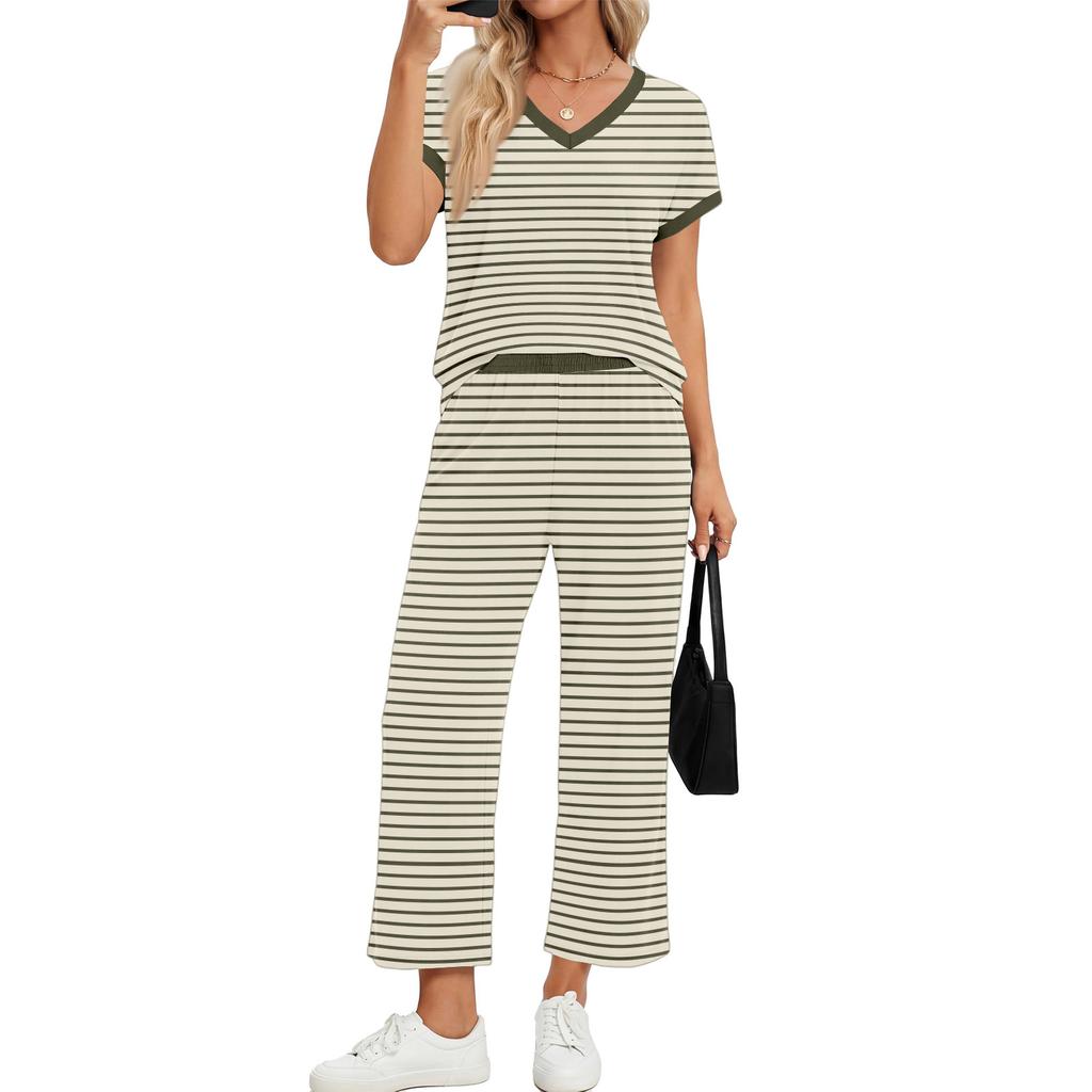 Completo da Donna Due Pezzi Casual Loungewear Top Scollo a V Manica Corta con Pantaloni a Gamba Larga a Righe Vestibilità Rilassata Tessuto Morbido per Viaggio e Casa