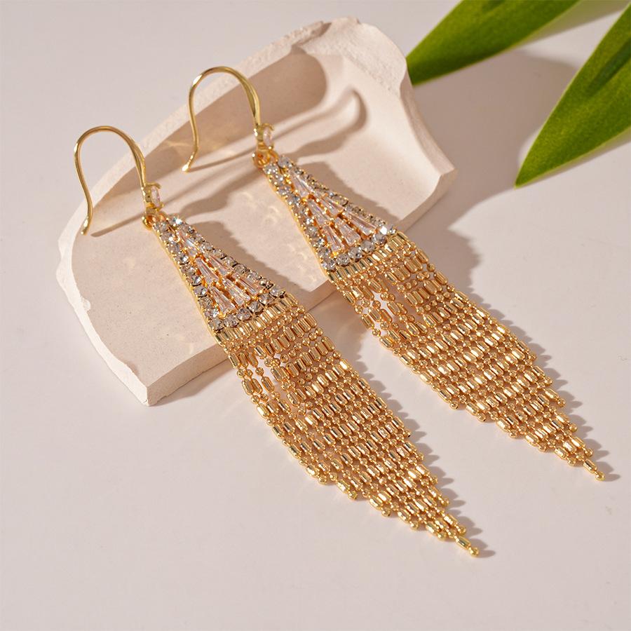 Elegant zircon diamond triangular fringed ear hook light luxury earrings