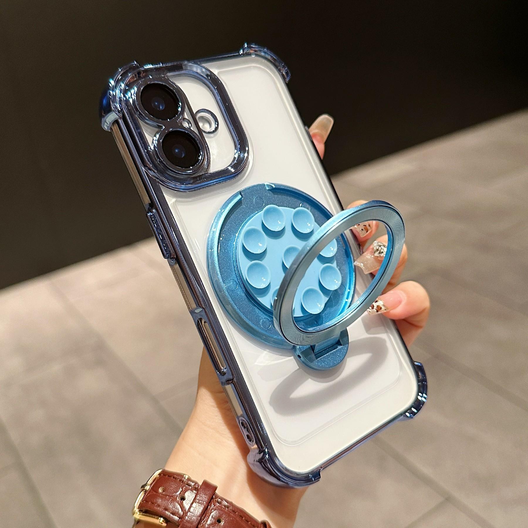 

For iPhone 16 Magnetic Case Suction Cup Kickstand PC Phone Cover with Four Corner Airbag E