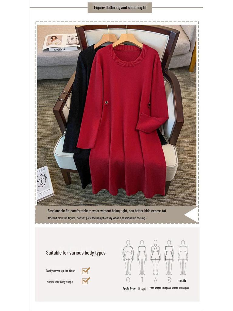 Plus Size Women's Loose Long Sweater Dress, Bust 150/160, 200/350 Jin, Round Neck, Style 8093