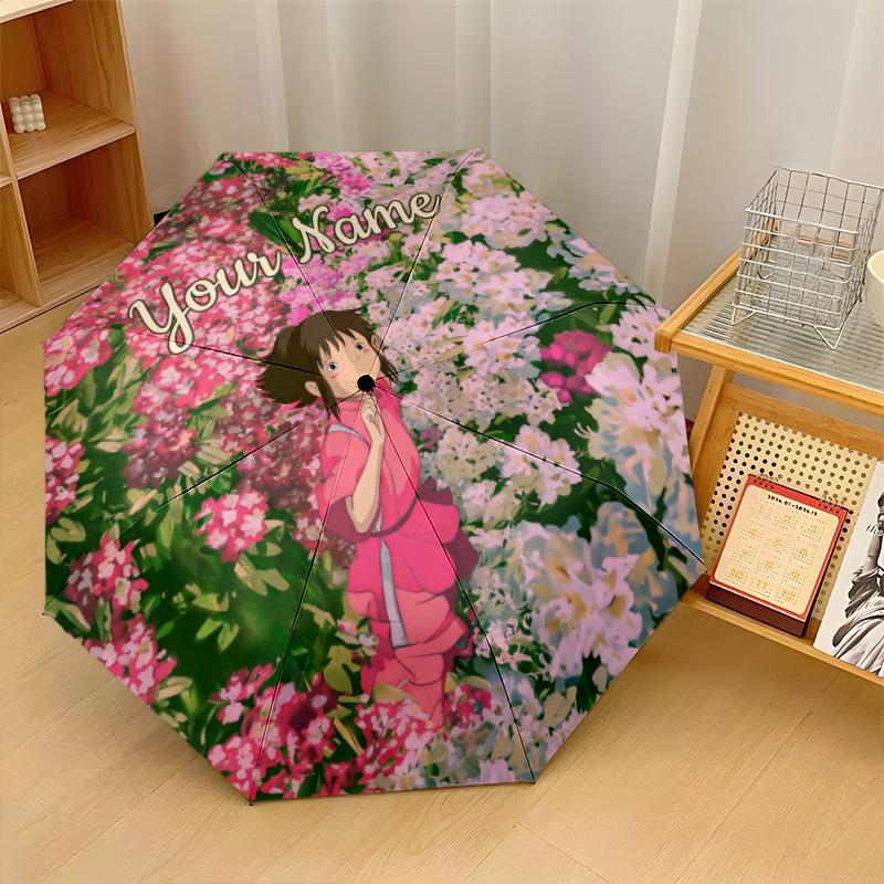 Custom Text Automatic 8 Bone Umbrella, Portable Sun Rain Protection UmbrellaSpirited Away
