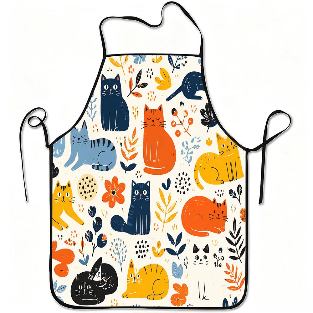 1pc Cute Colorful Cats And Floral Print Apron, Durable And Easy to Clean, Adjustable Waistband, Polyester Material, for Kitchen Cooking, Gardening, Or
