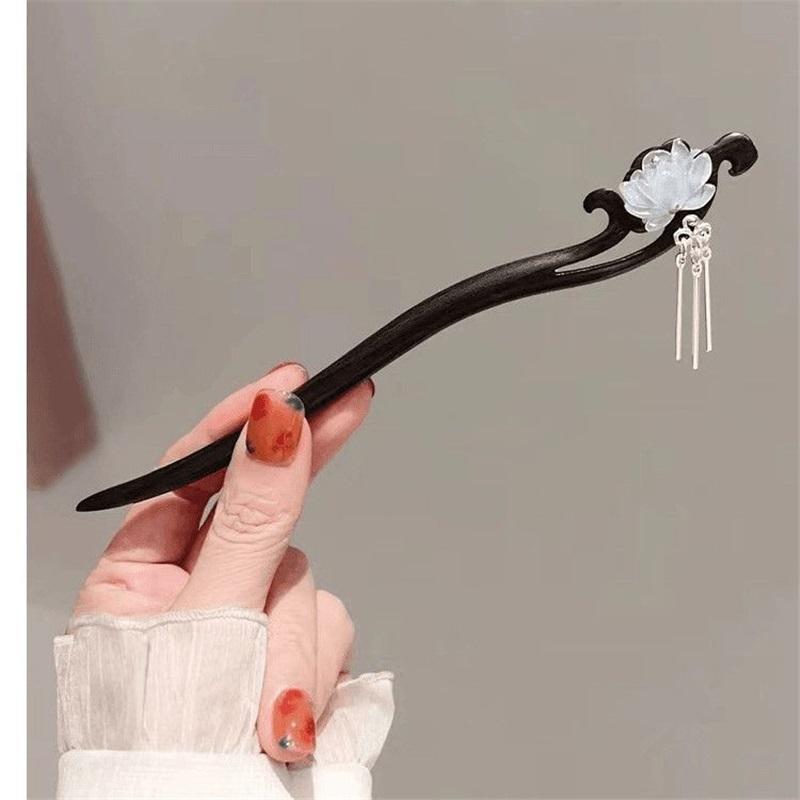 New Chinese Style Elegant Lotus Tassel Black Wood Hairpin Retro Hair Stick Back Head Updo Hair Accessory for Horse Face Skirt Daily Wear