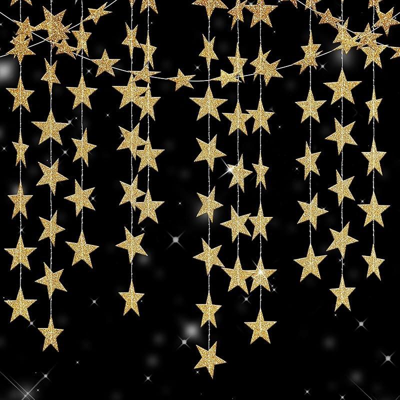 jijAcraft Glitter Gold Star Garland Decorations Hanging Garands Banner Backdrop, 2.7 inch Star Party Decoration for Birthday Baby Shower Wedding Kids