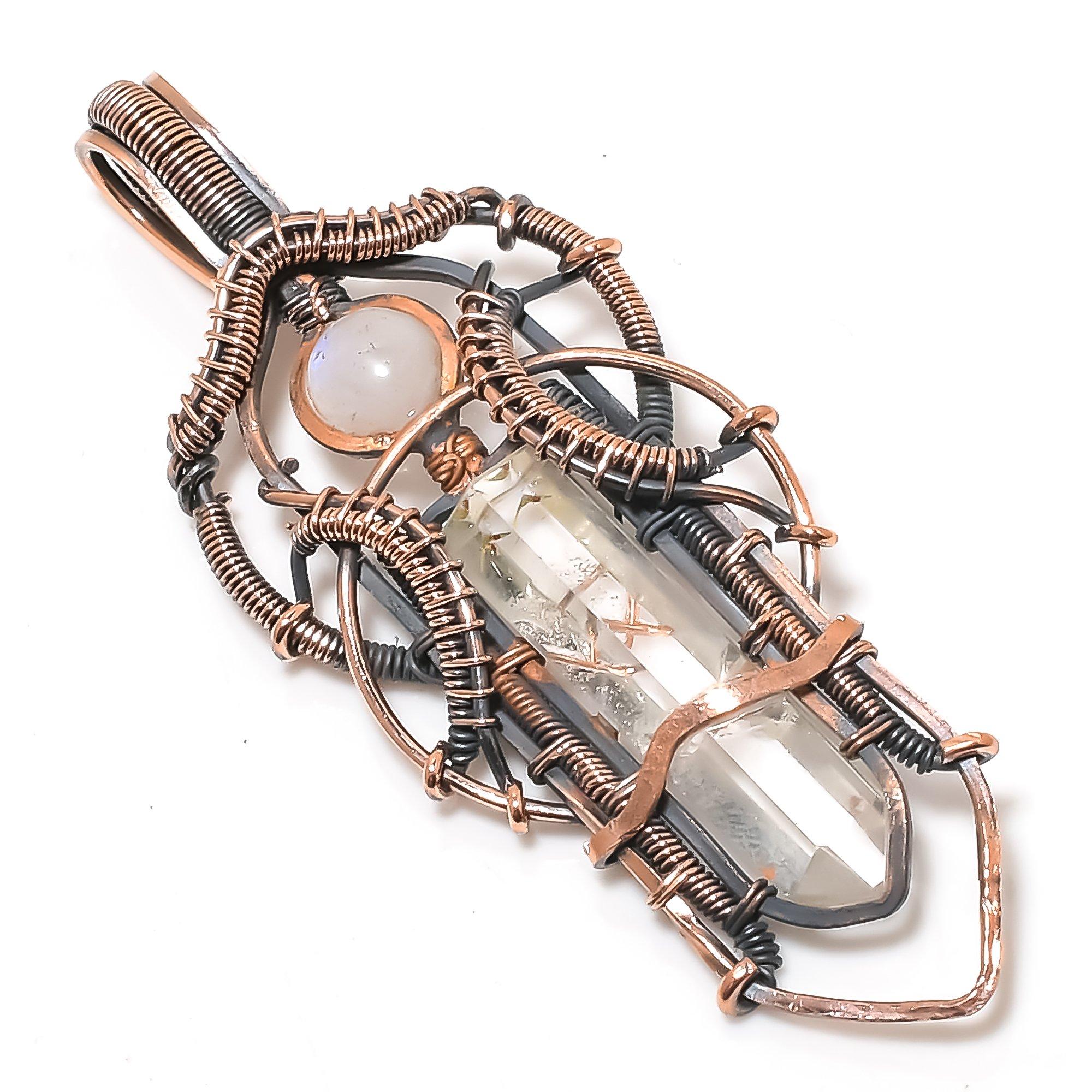 

Clear Quartz Rough & Moonstone Pendant, 999 Copper Wire Wrapped Pendant Handmade Gemstone Jewelry, Gifts For Wife Brand New Pendant