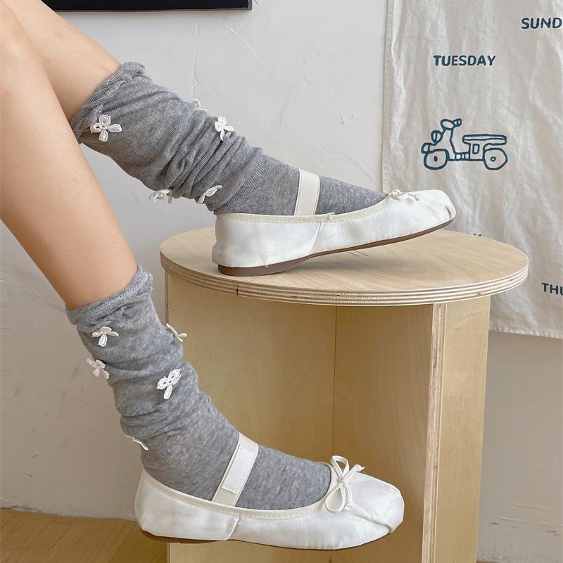 

Spring and Summer Thin Ballet-style Bow Calf Socks, Pure Cotton Mid-calf Pile Socks for Women 1 pair сірий колір