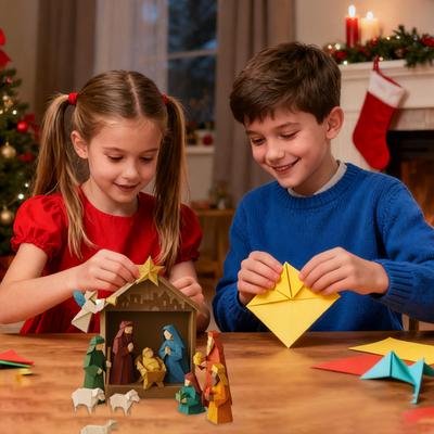 DIY Papier Krippenszene Bastelset 3D Weihnachten Origami Set mit Jesus Engeln Tieren Einfach zu Falten Kreativ Pädagogisch Feiertagsdekoration für Familie