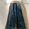 Autumn/Winter Mori Girl Style Women's Corduroy Wide-Leg Pants with Elastic Waistband and Lace Hem