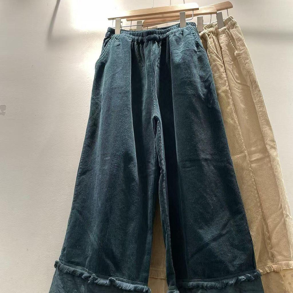 Autumn/Winter Mori Girl Style Women's Corduroy Wide-Leg Pants with Elastic Waistband and Lace Hem