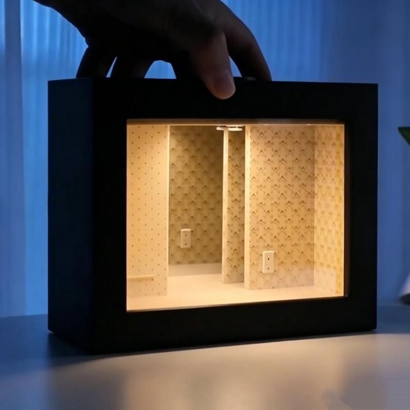 Wooden LED Abyss Mirror Photo Frame Dimmable Creative Landscape Decor for Blind Box Action Figures Tabletop Display Gift