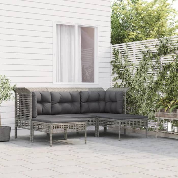 VidaXL Salon de jardin 5 pcs avec coussins Gris Résine tressée, ensemble de salon d'extérieur, ensemble de mobilier 319664
