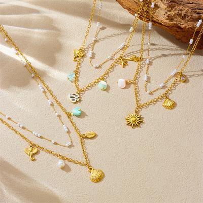 Stainless Steel Rice Beads Double Layer Necklace Sea Star Shell Pendant Ocean Necklaces Fashionable and Versatile Pearl Jewelry