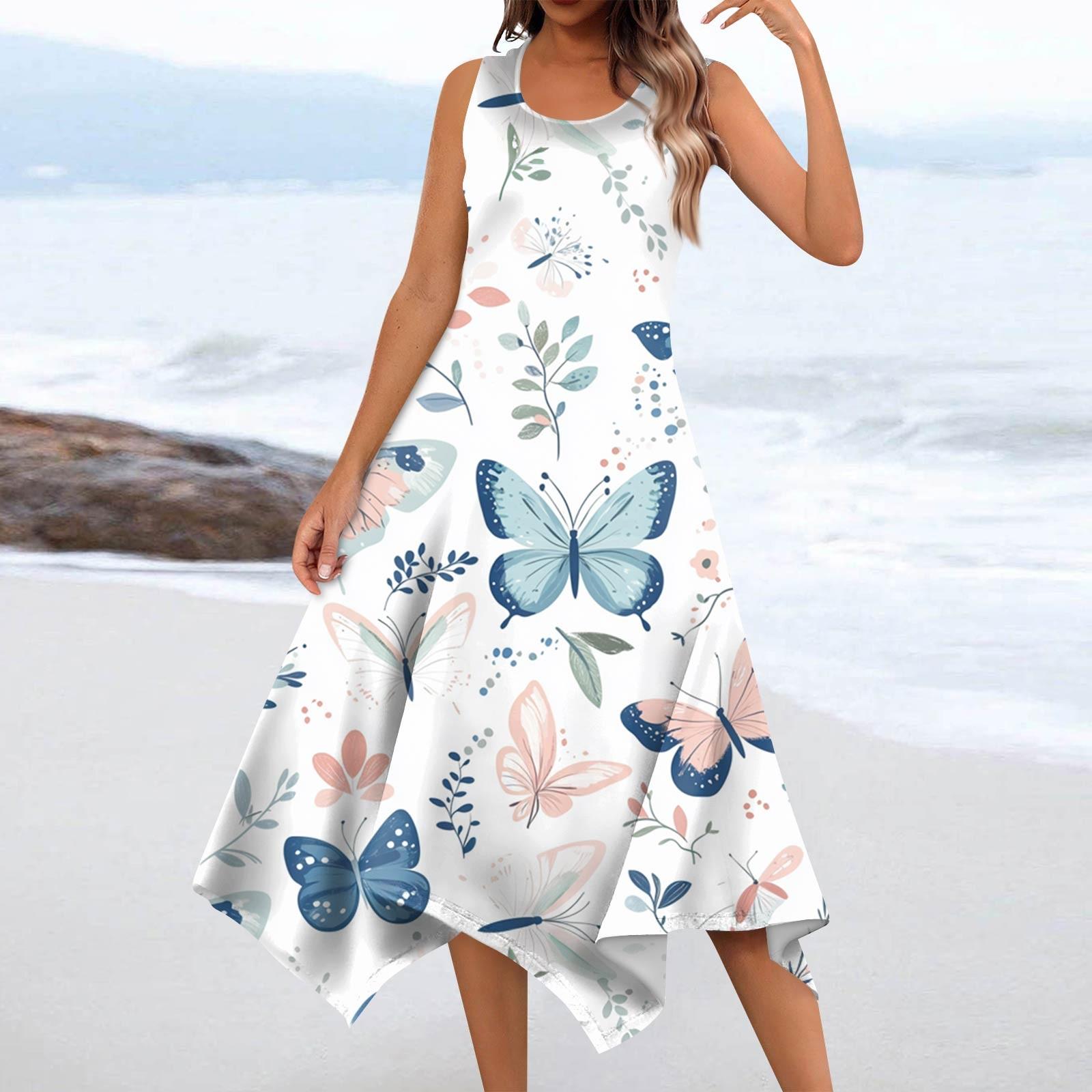 

Женское повседневное модное платье миди без рукавов с круглым вырезом и цветочным принтом, нерегулярный подол XL